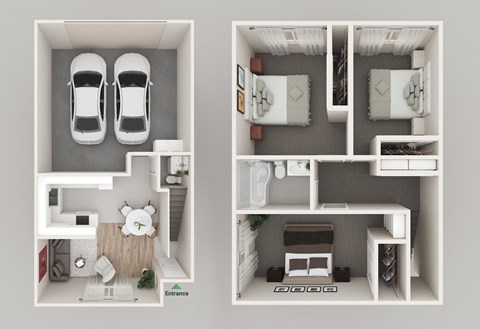 a 3d rendering of a floor plan with two views of a house and a